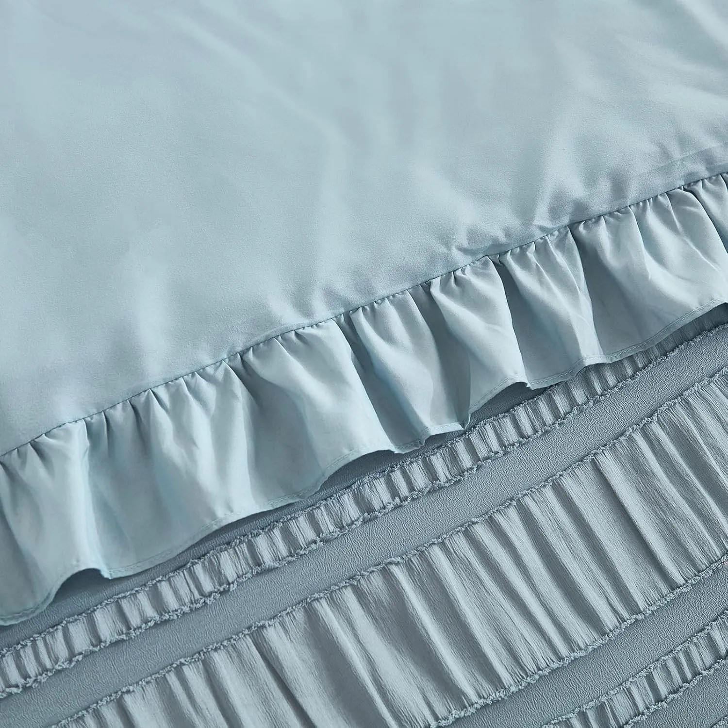 WONGS BEDDING Blue Comforter Set Queen,3 Pieces Ruffle Farmhouse Shabby Chic Boho Comforter for Queen Bed,Soft Seersucker Textured Bedding Set with 1 Ruffle Comforter,2 Tufted Pillowcases 90"×90"