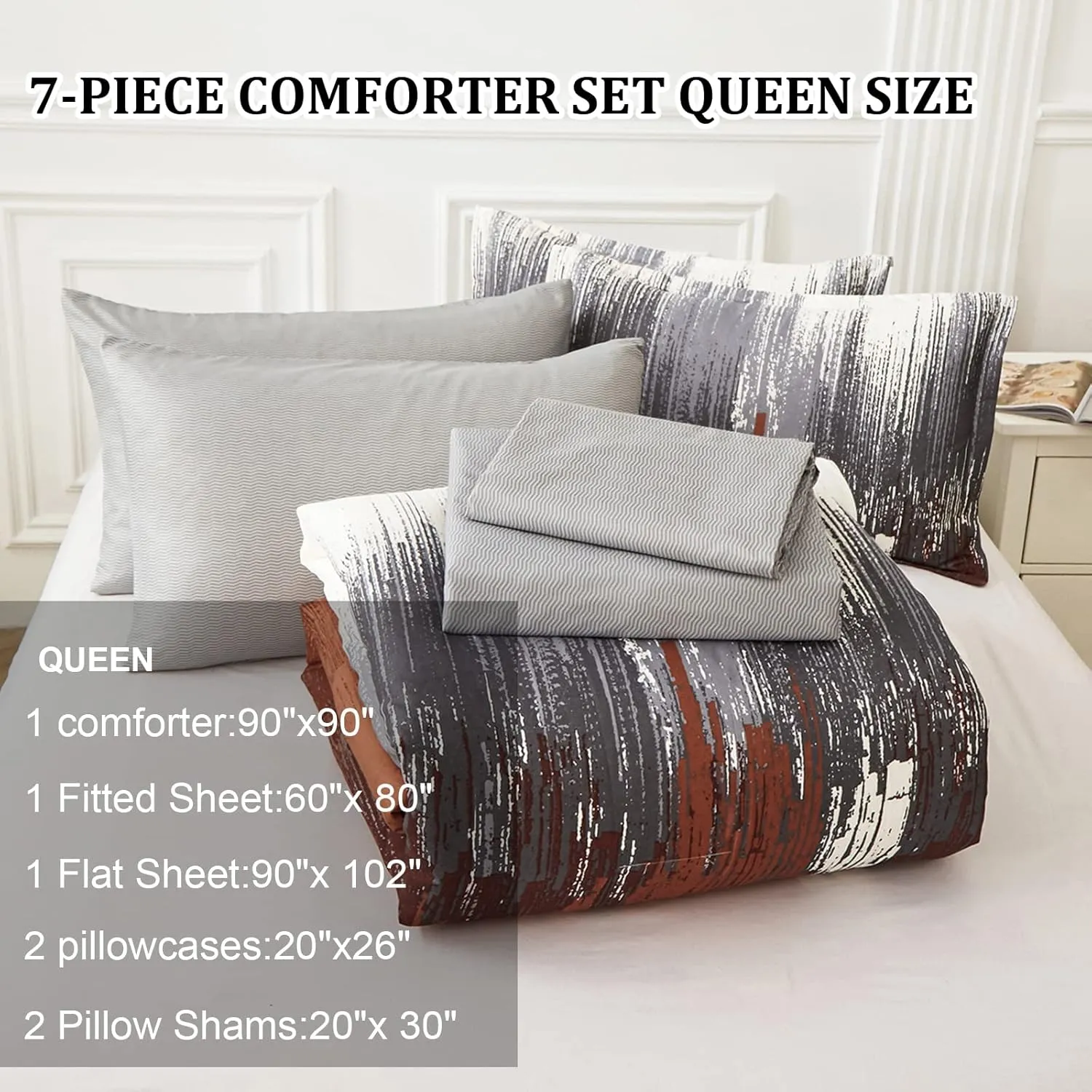 WONGS BEDDING Comforter Set Queen, Thanksgiving Burnt Orange 7 Pieces Bed in a Bag Abstract Gradient Fall Terracotta Bedding Set with Comforter, Flat Sheet, Fitted Sheet, Pillow Shams, Pillowcases