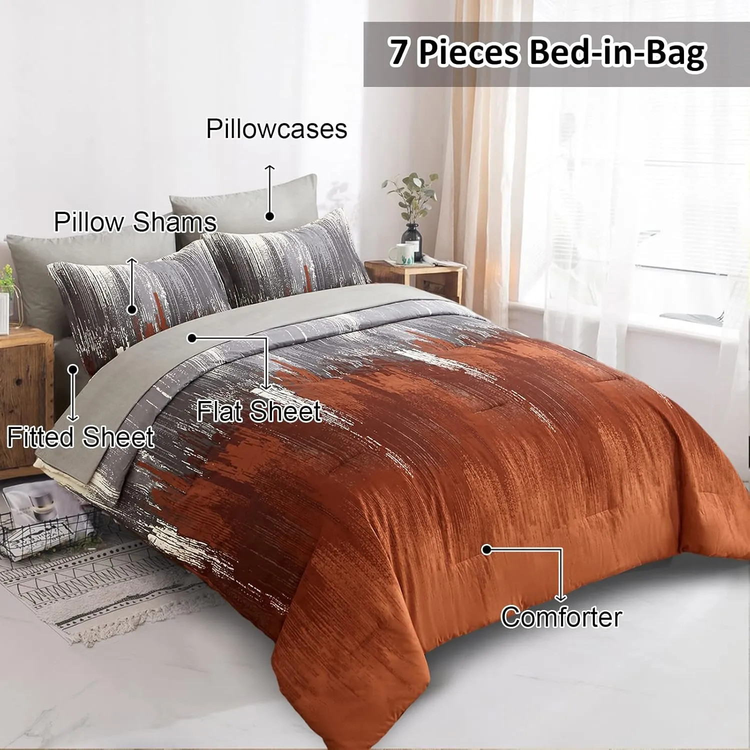 WONGS BEDDING Comforter Set Queen, Thanksgiving Burnt Orange 7 Pieces Bed in a Bag Abstract Gradient Fall Terracotta Bedding Set with Comforter, Flat Sheet, Fitted Sheet, Pillow Shams, Pillowcases