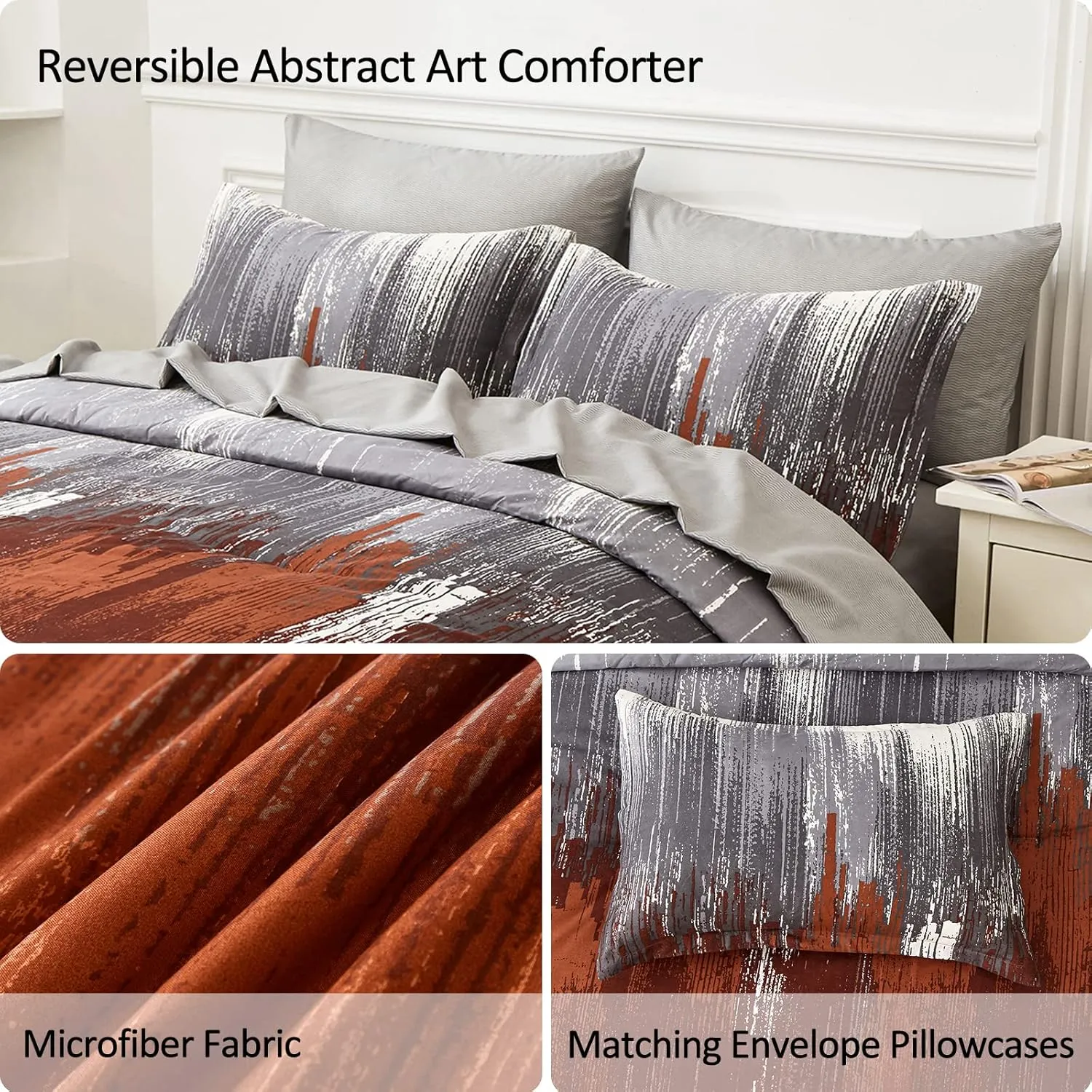 WONGS BEDDING Comforter Set Queen, Thanksgiving Burnt Orange 7 Pieces Bed in a Bag Abstract Gradient Fall Terracotta Bedding Set with Comforter, Flat Sheet, Fitted Sheet, Pillow Shams, Pillowcases