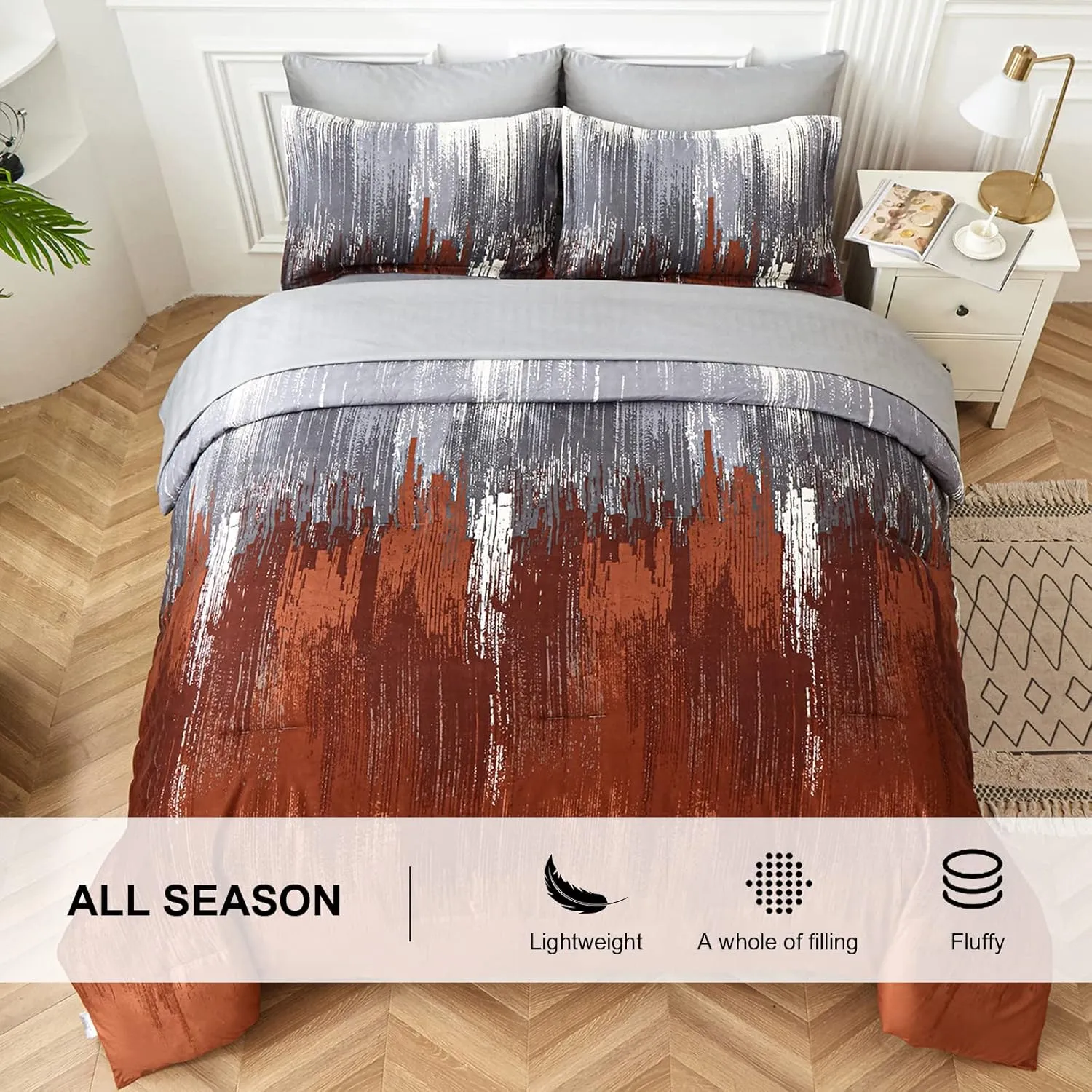WONGS BEDDING Comforter Set Queen, Thanksgiving Burnt Orange 7 Pieces Bed in a Bag Abstract Gradient Fall Terracotta Bedding Set with Comforter, Flat Sheet, Fitted Sheet, Pillow Shams, Pillowcases