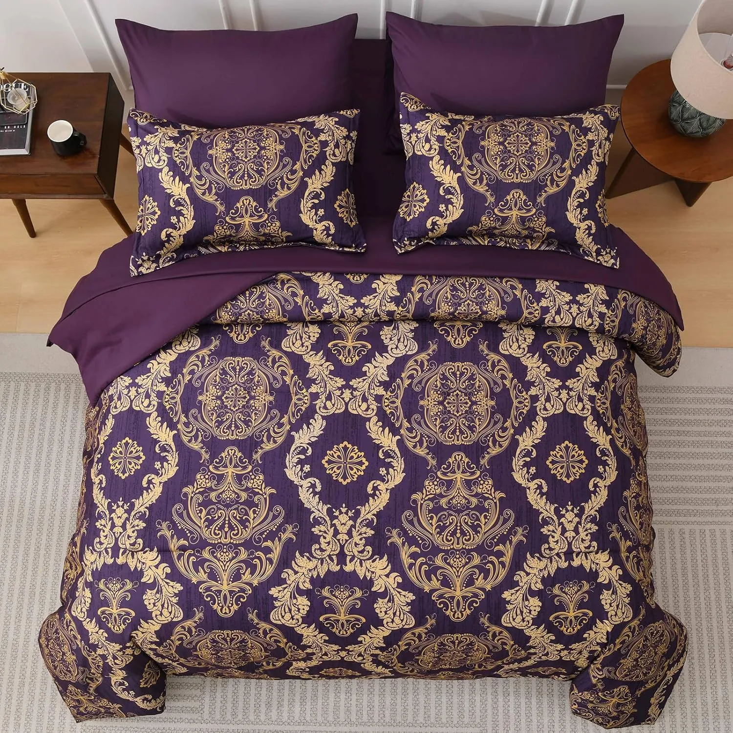 WONGS BEDDING Purple Comforter Set Queen Size,Damask Texture 7 Pieces Bed in a Bag Microfiber Comforter Bedding Sets -1 Comforter, 1 Flat Sheet, 1 Fitted Sheet, 2 Pillow Shams, 2 Pillowcases