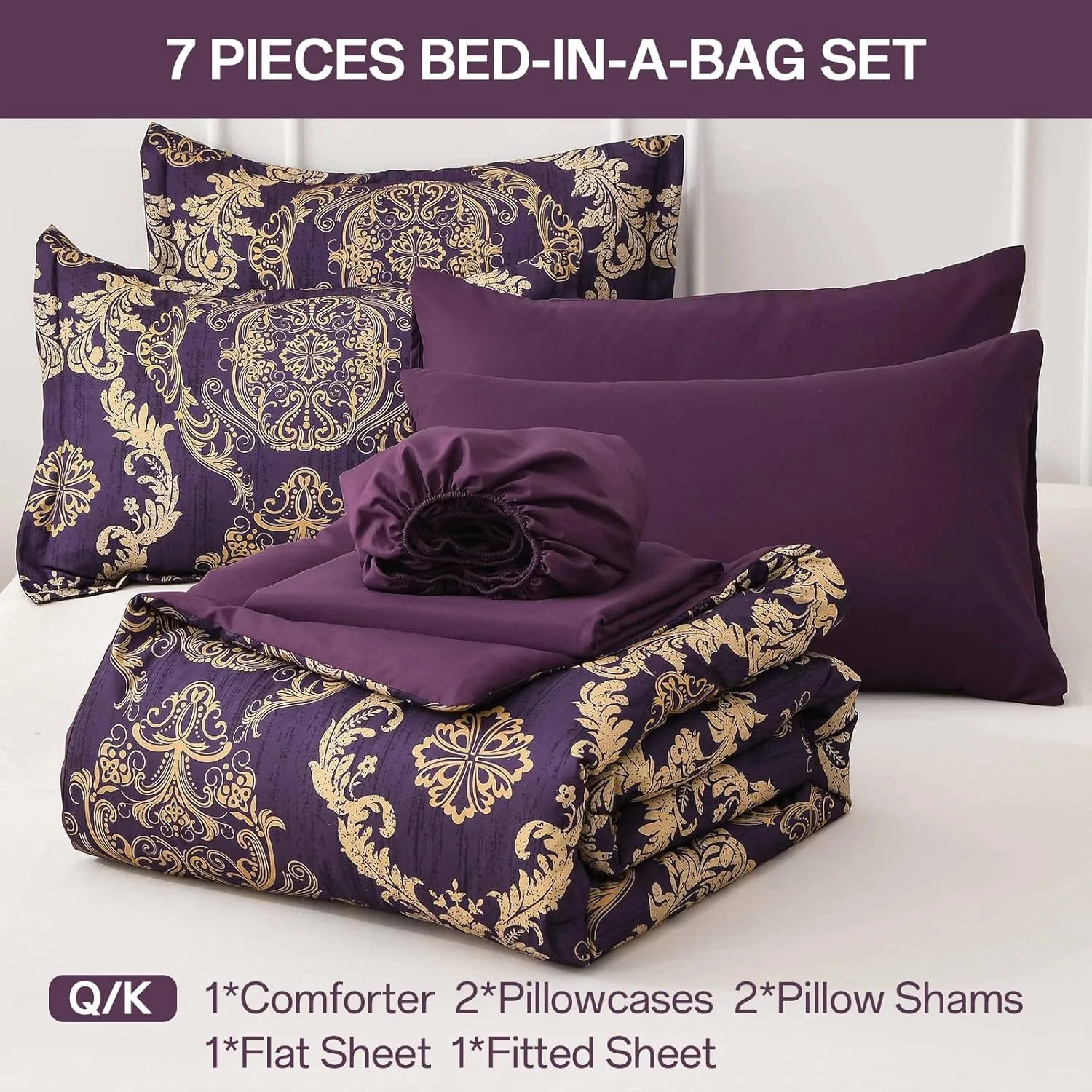 WONGS BEDDING Purple Comforter Set Queen Size,Damask Texture 7 Pieces Bed in a Bag Microfiber Comforter Bedding Sets -1 Comforter, 1 Flat Sheet, 1 Fitted Sheet, 2 Pillow Shams, 2 Pillowcases