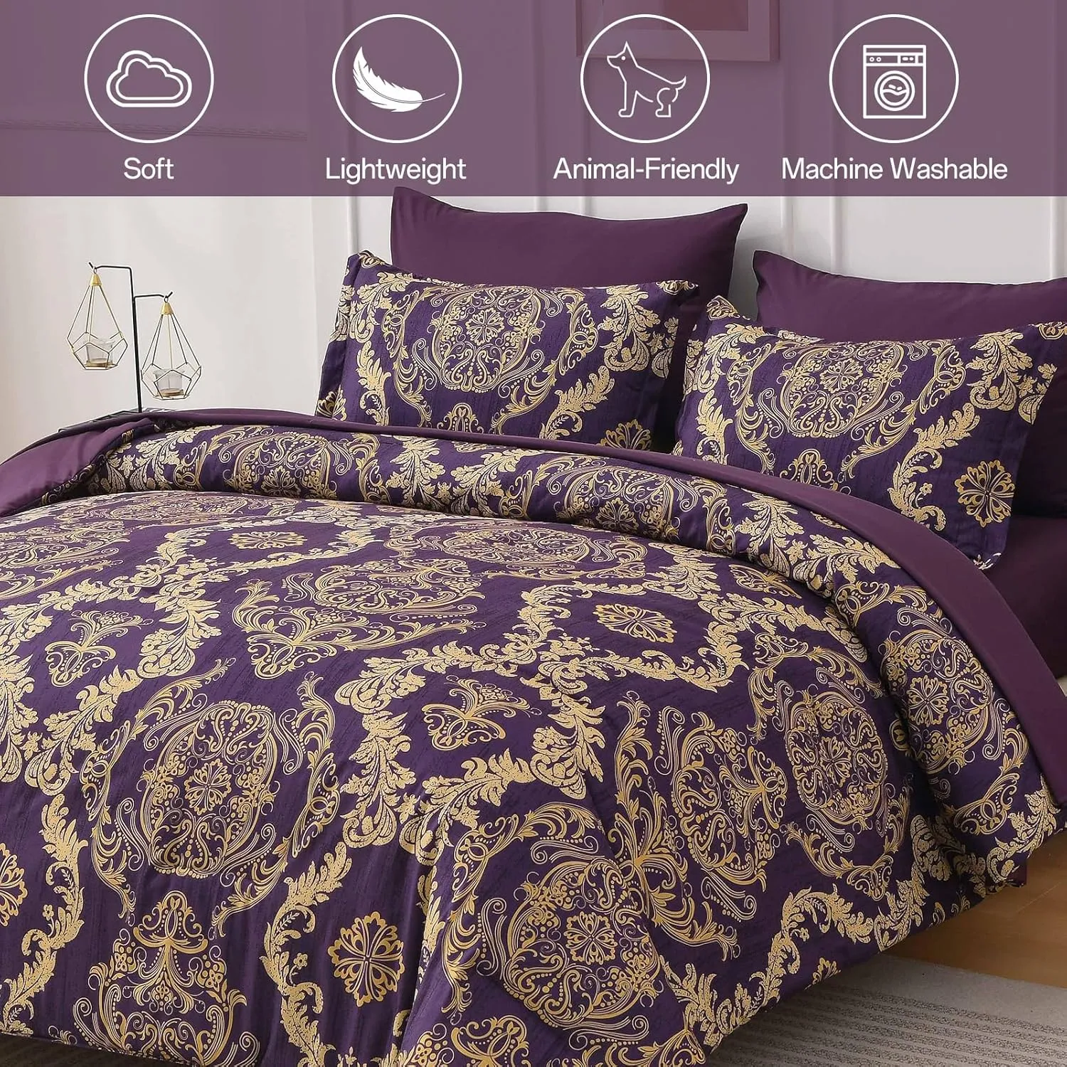 WONGS BEDDING Purple Comforter Set Queen Size,Damask Texture 7 Pieces Bed in a Bag Microfiber Comforter Bedding Sets -1 Comforter, 1 Flat Sheet, 1 Fitted Sheet, 2 Pillow Shams, 2 Pillowcases