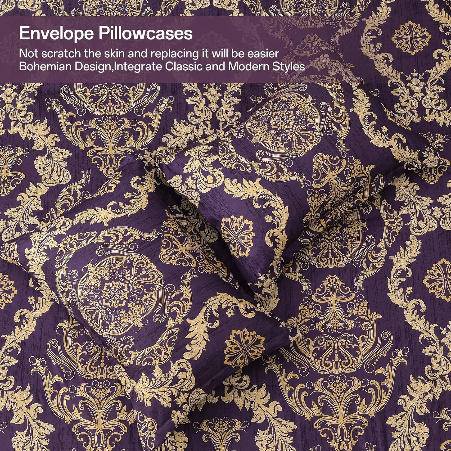 WONGS BEDDING Purple Comforter Set Queen Size,Damask Texture 7 Pieces Bed in a Bag Microfiber Comforter Bedding Sets -1 Comforter, 1 Flat Sheet, 1 Fitted Sheet, 2 Pillow Shams, 2 Pillowcases