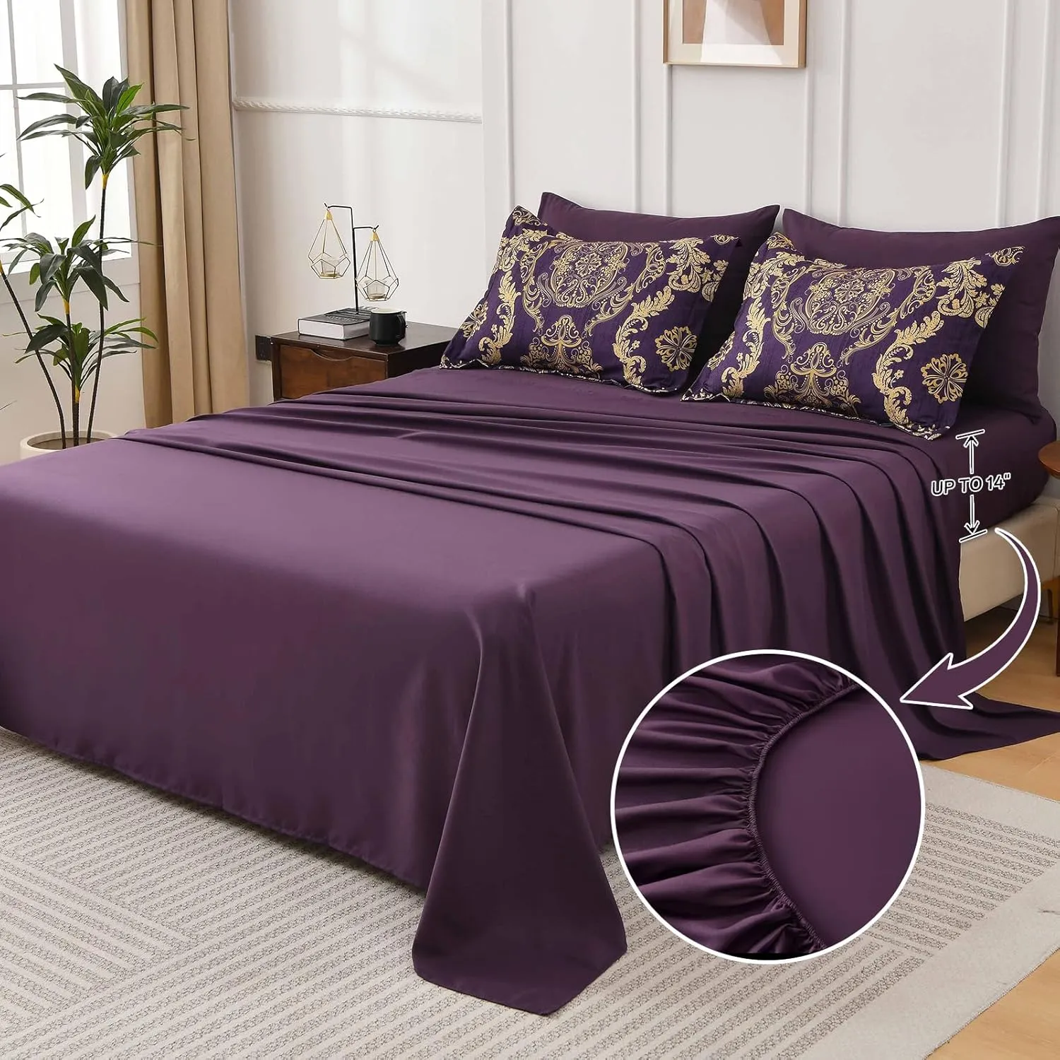 WONGS BEDDING Purple Comforter Set Queen Size,Damask Texture 7 Pieces Bed in a Bag Microfiber Comforter Bedding Sets -1 Comforter, 1 Flat Sheet, 1 Fitted Sheet, 2 Pillow Shams, 2 Pillowcases
