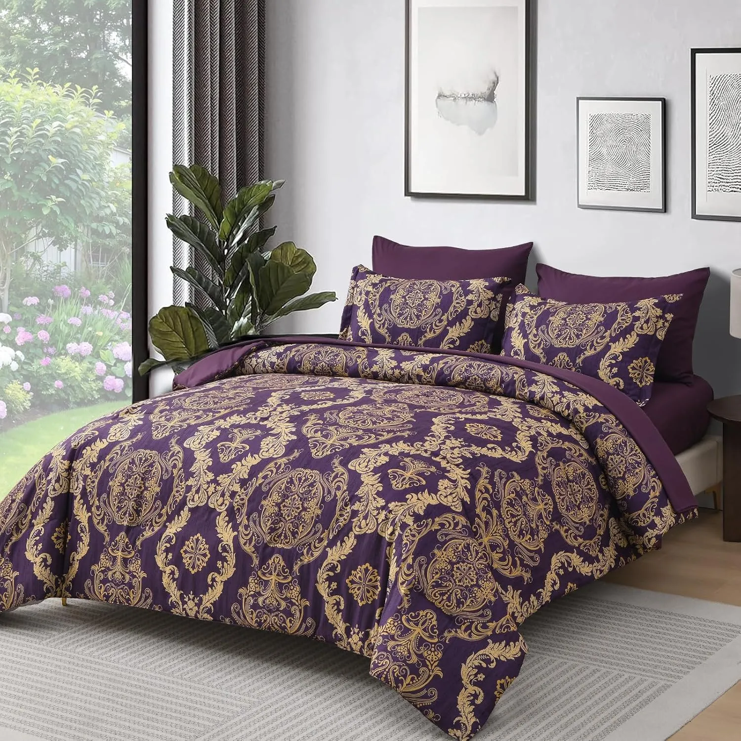 WONGS BEDDING Purple Comforter Set Queen Size,Damask Texture 7 Pieces Bed in a Bag Microfiber Comforter Bedding Sets -1 Comforter, 1 Flat Sheet, 1 Fitted Sheet, 2 Pillow Shams, 2 Pillowcases