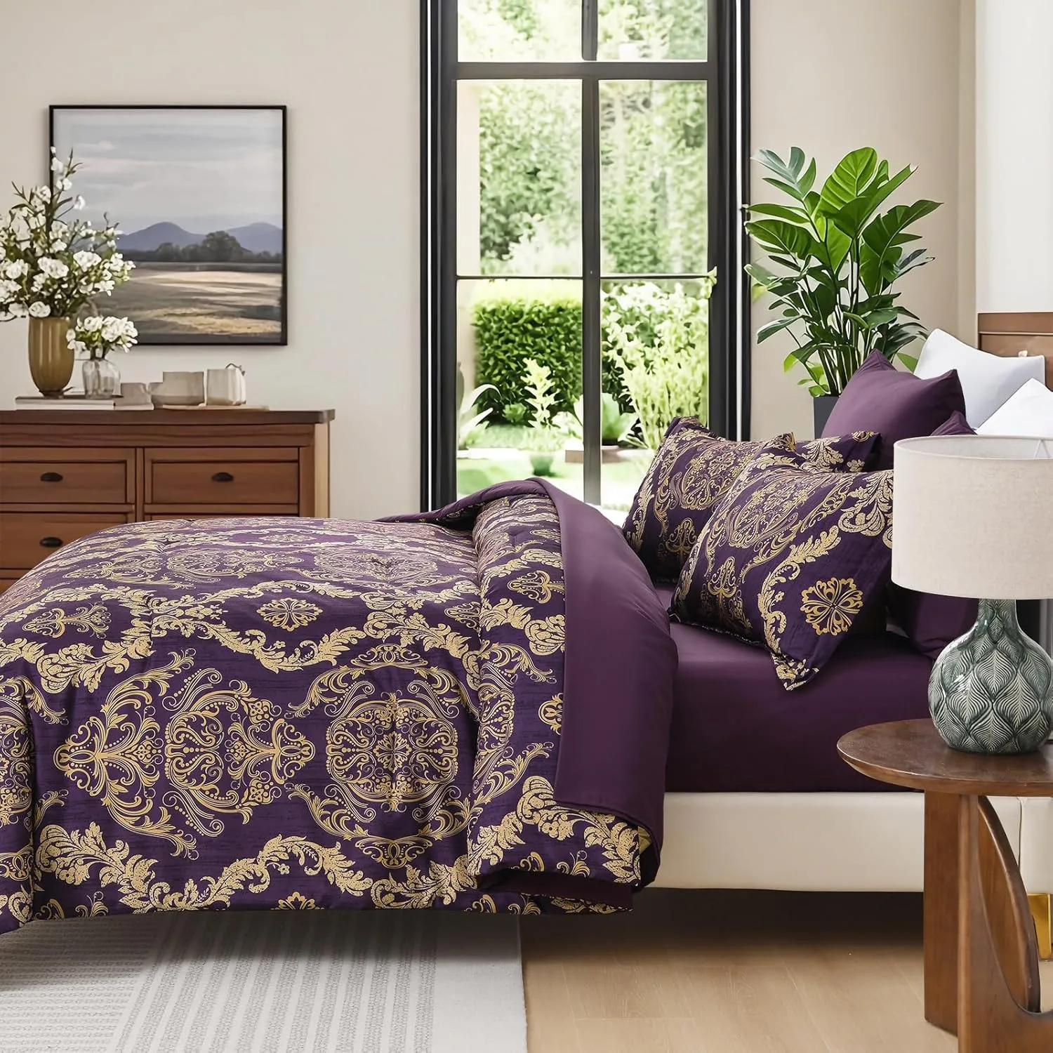 WONGS BEDDING Purple Comforter Set Queen Size,Damask Texture 7 Pieces Bed in a Bag Microfiber Comforter Bedding Sets -1 Comforter, 1 Flat Sheet, 1 Fitted Sheet, 2 Pillow Shams, 2 Pillowcases