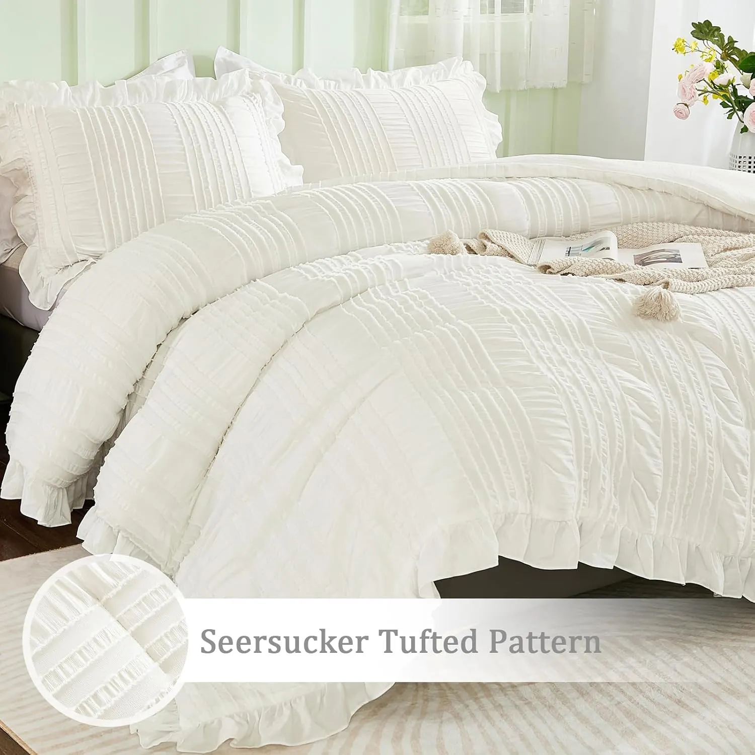WONGS BEDDING White Queen Comforter Set,Boho Ruffle Comforter for Queen Bed,Soft Seersucker Shabby Chic Bedding Set with 1 Comforter,2 Tufted Pillowcases 90"×90"