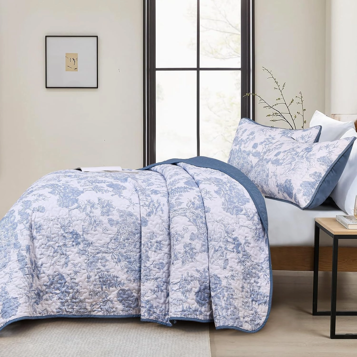 WONGS BEDDING Blue Quilt Set Full Size, 3 Pieces Botanical Bedspreads Set Lightweight Microfiber Blue Toile Plants Pattern Coverlet Home Decor for All Seasons (90"x78")