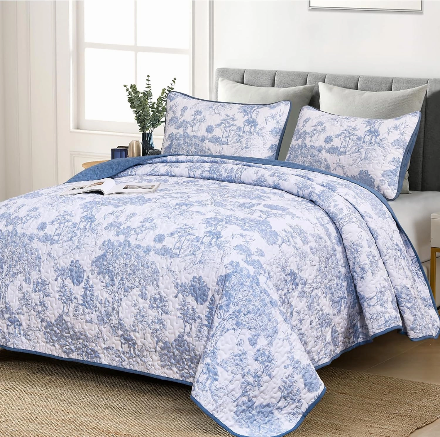 WONGS BEDDING Blue Quilt Set Full Size, 3 Pieces Botanical Bedspreads Set Lightweight Microfiber Blue Toile Plants Pattern Coverlet Home Decor for All Seasons (90"x78")