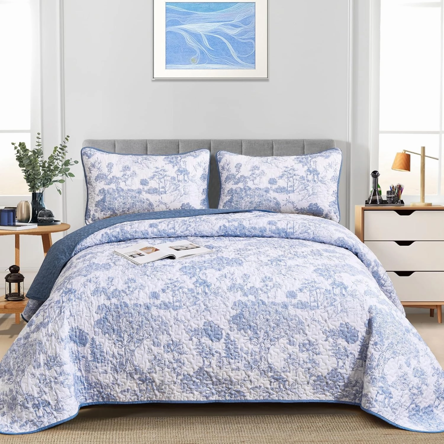 WONGS BEDDING Blue Quilt Set Full Size, 3 Pieces Botanical Bedspreads Set Lightweight Microfiber Blue Toile Plants Pattern Coverlet Home Decor for All Seasons (90"x78")
