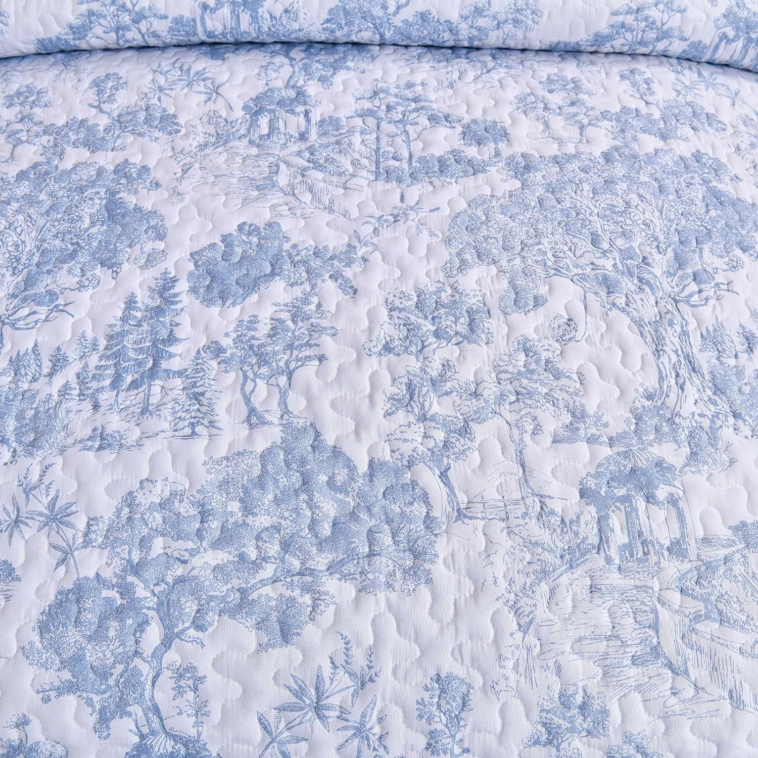 WONGS BEDDING Blue Quilt Set Full Size, 3 Pieces Botanical Bedspreads Set Lightweight Microfiber Blue Toile Plants Pattern Coverlet Home Decor for All Seasons (90"x78")