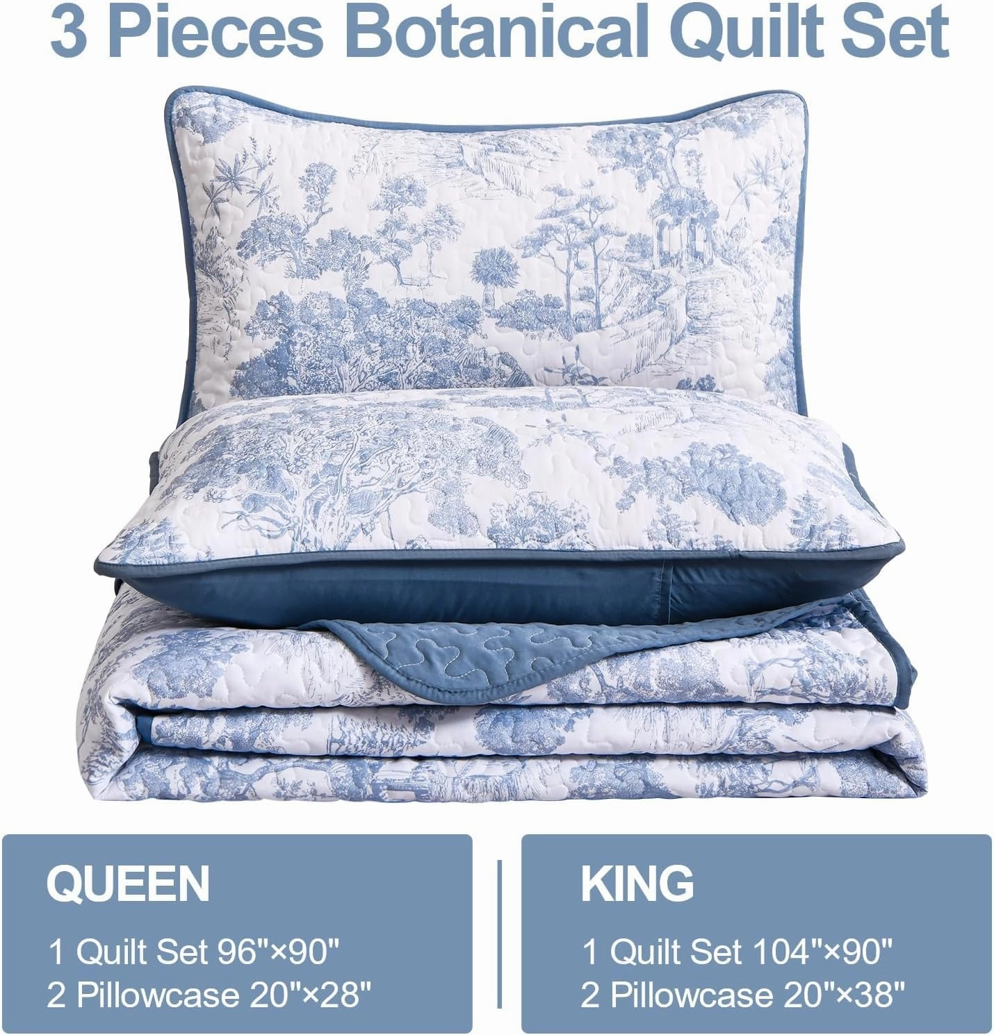 WONGS BEDDING Blue Quilt Set Full Size, 3 Pieces Botanical Bedspreads Set Lightweight Microfiber Blue Toile Plants Pattern Coverlet Home Decor for All Seasons (90"x78")