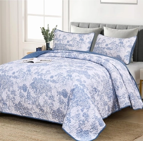 WONGS BEDDING Blue Quilt Set Full Size, 3 Pieces Botanical Bedspreads Set Lightweight Microfiber Blue Toile Plants Pattern Coverlet Home Decor for All Seasons (90"x78")