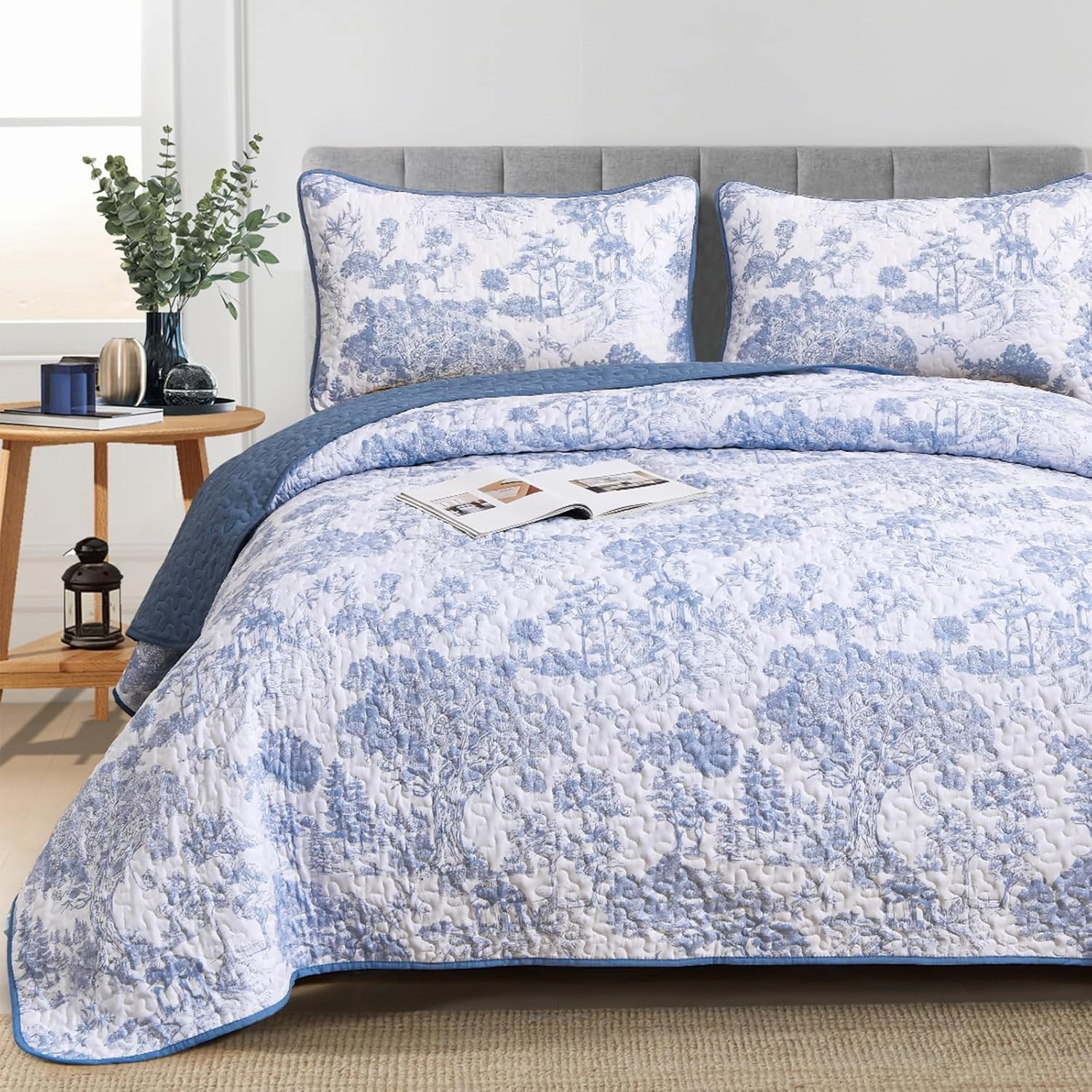 WONGS BEDDING Blue Quilt Set Full Size, 3 Pieces Botanical Bedspreads Set Lightweight Microfiber Blue Toile Plants Pattern Coverlet Home Decor for All Seasons (90"x78")