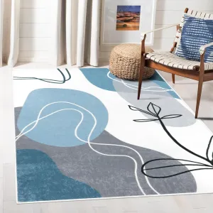 Wonnitar Boho Washable 3x5 Area Rug, Modern Abstract Blue Entry Rug Living Room Accent Mat, Non-Slip Minimalist Aesthetic Soft Bedside Low Pile Carpet for Bedroom Kitchen Bathroom (Art-Blue,3'x5')