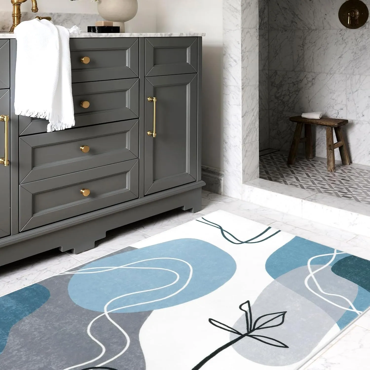 Wonnitar Boho Washable 3x5 Area Rug, Modern Abstract Blue Entry Rug Living Room Accent Mat, Non-Slip Minimalist Aesthetic Soft Bedside Low Pile Carpet for Bedroom Kitchen Bathroom (Art-Blue,3'x5')