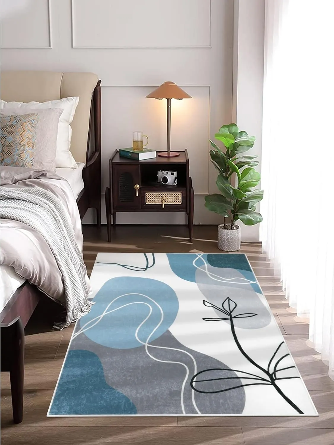Wonnitar Boho Washable 3x5 Area Rug, Modern Abstract Blue Entry Rug Living Room Accent Mat, Non-Slip Minimalist Aesthetic Soft Bedside Low Pile Carpet for Bedroom Kitchen Bathroom (Art-Blue,3'x5')