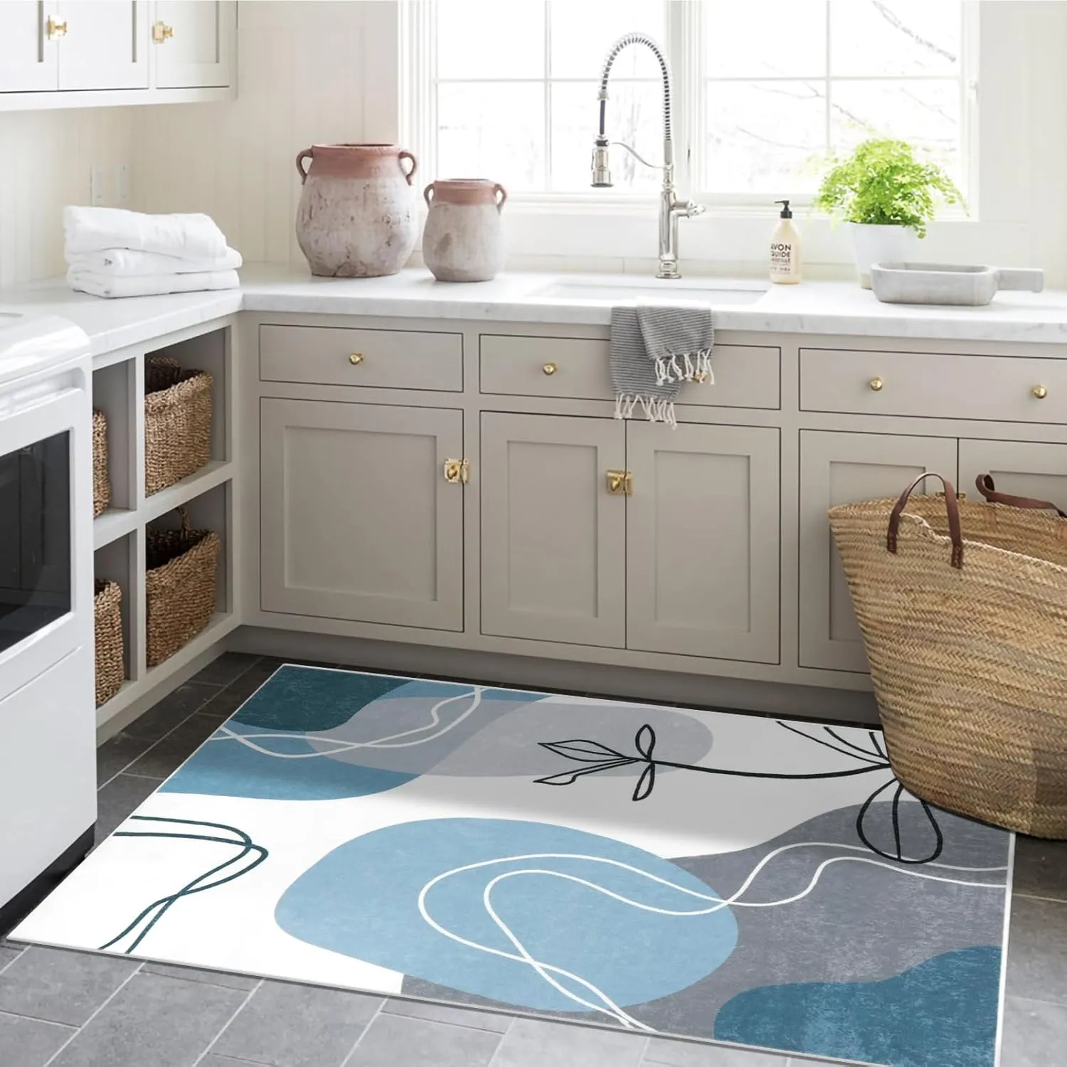 Wonnitar Boho Washable 3x5 Area Rug, Modern Abstract Blue Entry Rug Living Room Accent Mat, Non-Slip Minimalist Aesthetic Soft Bedside Low Pile Carpet for Bedroom Kitchen Bathroom (Art-Blue,3'x5')
