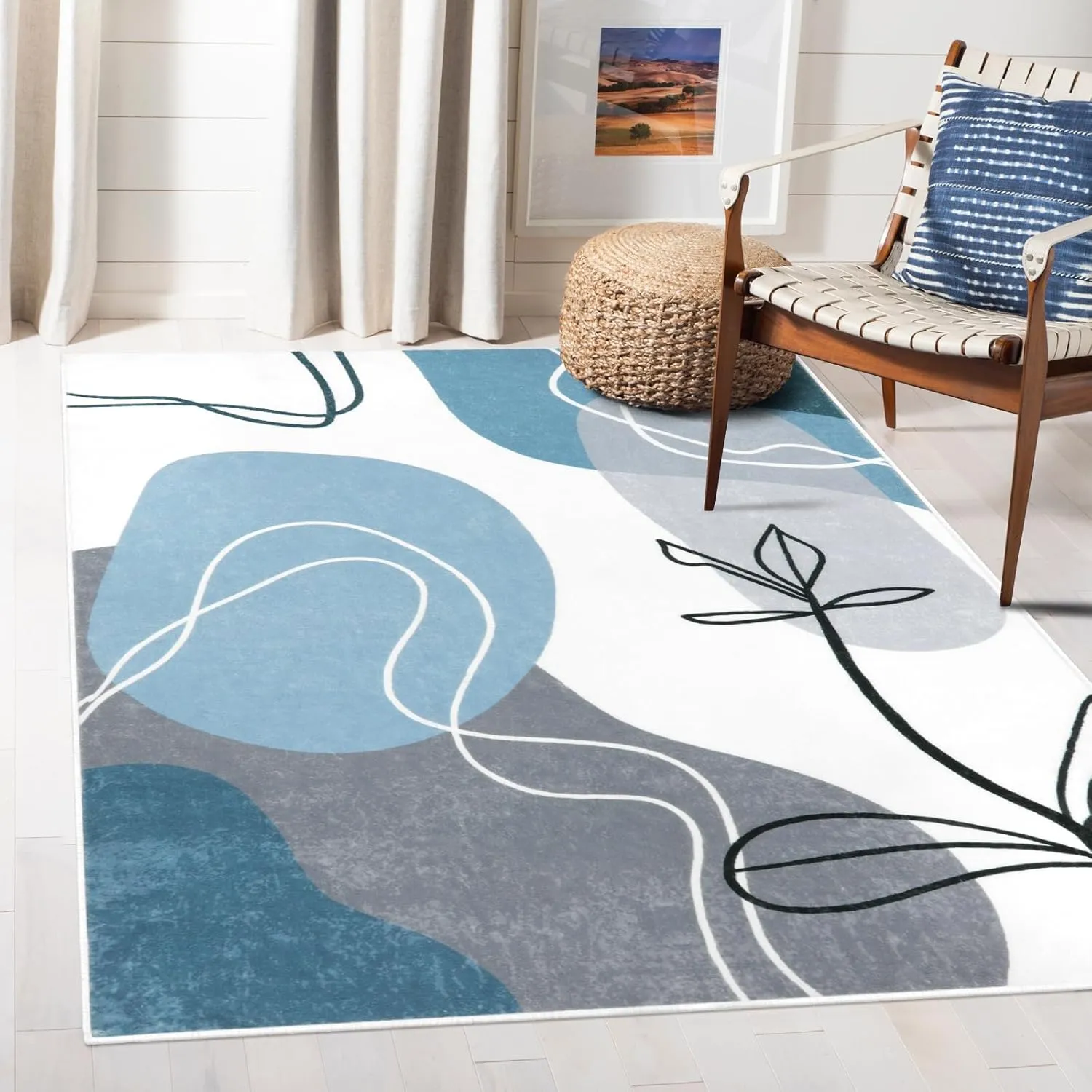 Wonnitar Boho Washable 3x5 Area Rug, Modern Abstract Blue Entry Rug Living Room Accent Mat, Non-Slip Minimalist Aesthetic Soft Bedside Low Pile Carpet for Bedroom Kitchen Bathroom (Art-Blue,3'x5')