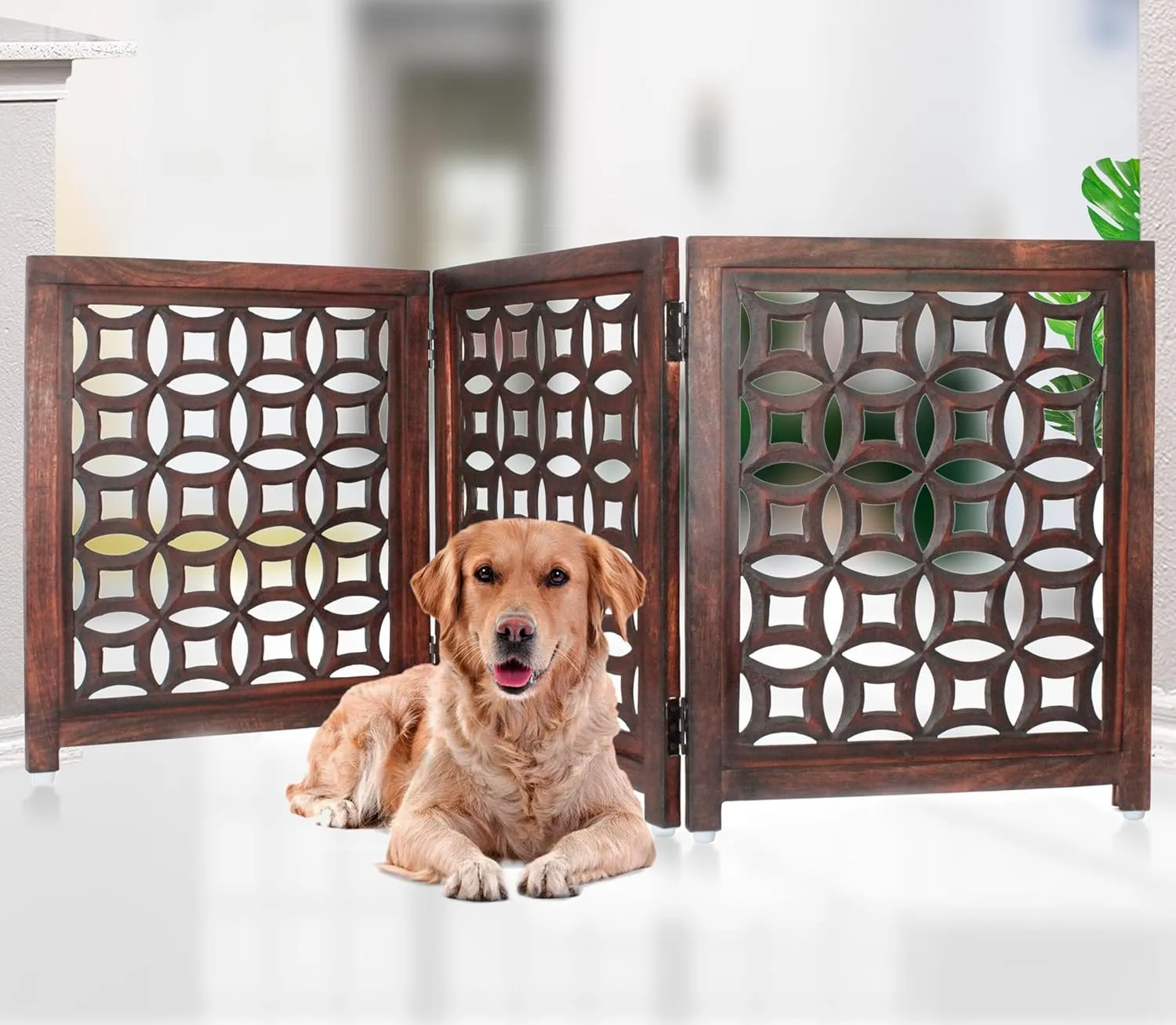 Wooden Foldable Pet Dog Safety Gate -3 Panels 20"Wx24"H- Hand Carved Solid Wood And MDF - Free Standing Portable Indoor Doorway Hall Stairs Dog Puppy Fence - Fully Assembled - Antique Brown -IRONGATE