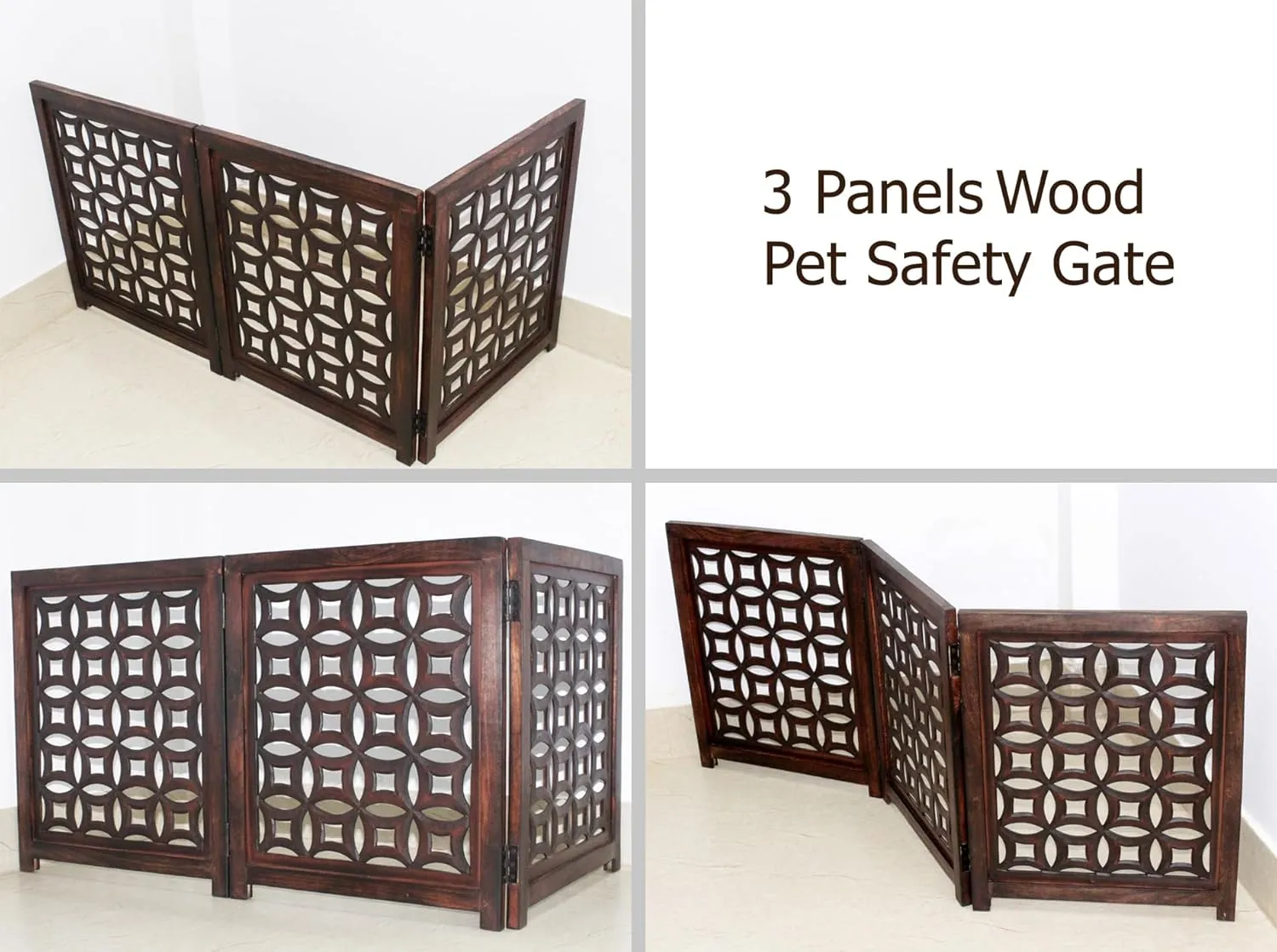 Wooden Foldable Pet Dog Safety Gate -3 Panels 20"Wx24"H- Hand Carved Solid Wood And MDF - Free Standing Portable Indoor Doorway Hall Stairs Dog Puppy Fence - Fully Assembled - Antique Brown -IRONGATE