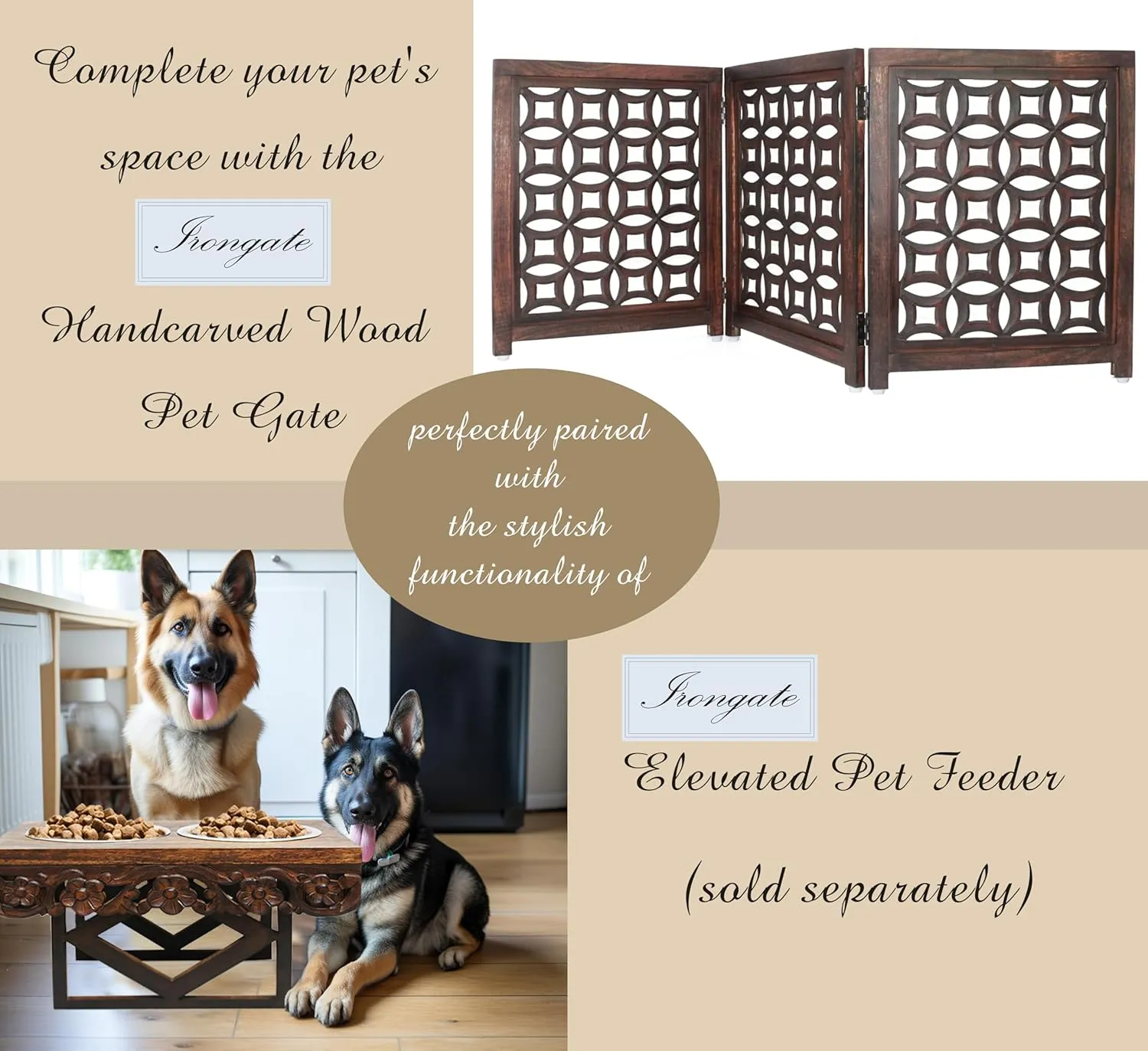 Wooden Foldable Pet Dog Safety Gate -3 Panels 20"Wx24"H- Hand Carved Solid Wood And MDF - Free Standing Portable Indoor Doorway Hall Stairs Dog Puppy Fence - Fully Assembled - Antique Brown -IRONGATE