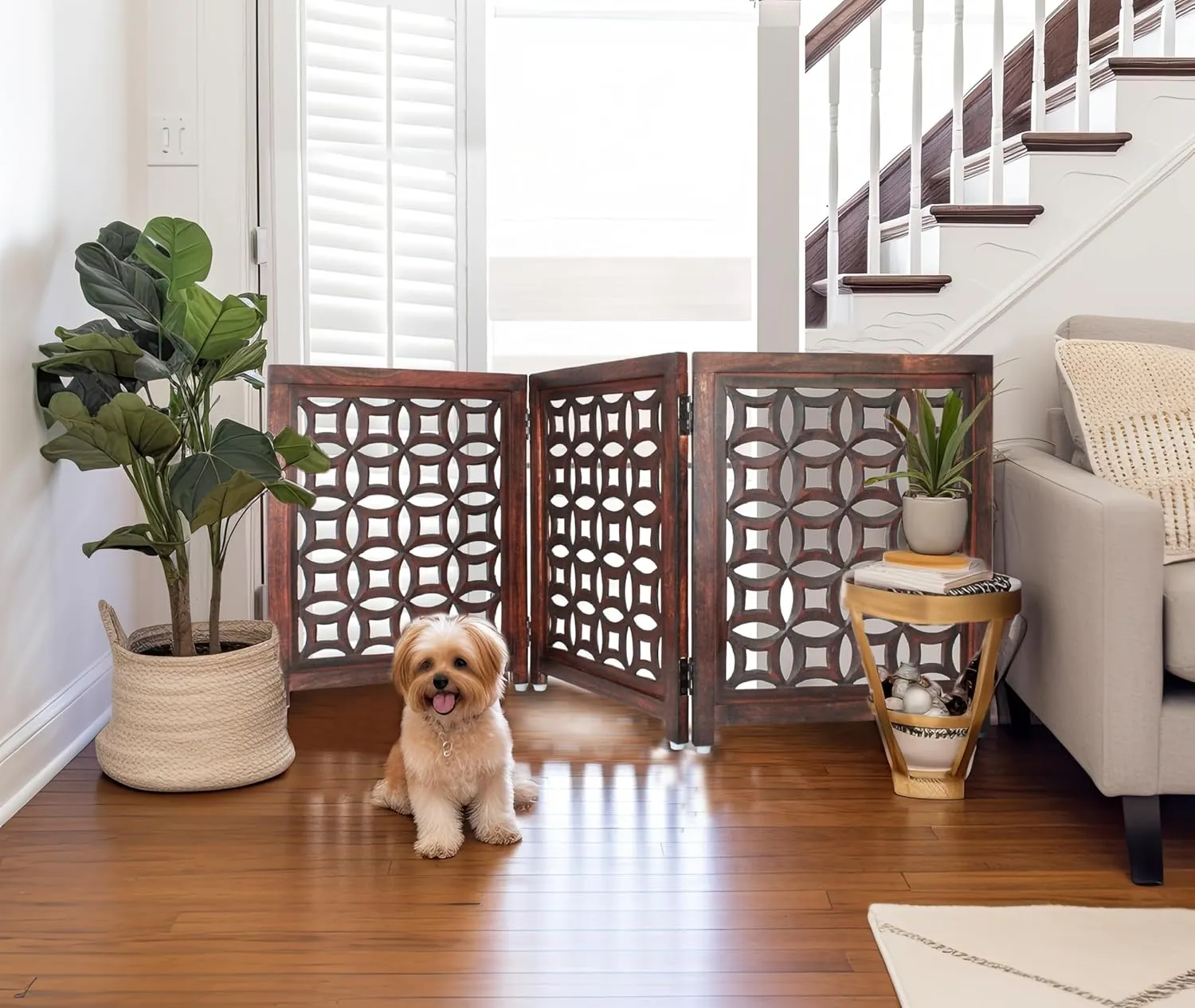 Wooden Foldable Pet Dog Safety Gate -3 Panels 20"Wx24"H- Hand Carved Solid Wood And MDF - Free Standing Portable Indoor Doorway Hall Stairs Dog Puppy Fence - Fully Assembled - Antique Brown -IRONGATE