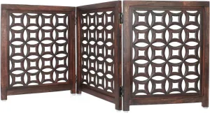 Wooden Foldable Pet Dog Safety Gate -3 Panels 20"Wx24"H- Hand Carved Solid Wood And MDF - Free Standing Portable Indoor Doorway Hall Stairs Dog Puppy Fence - Fully Assembled - Antique Brown -IRONGATE