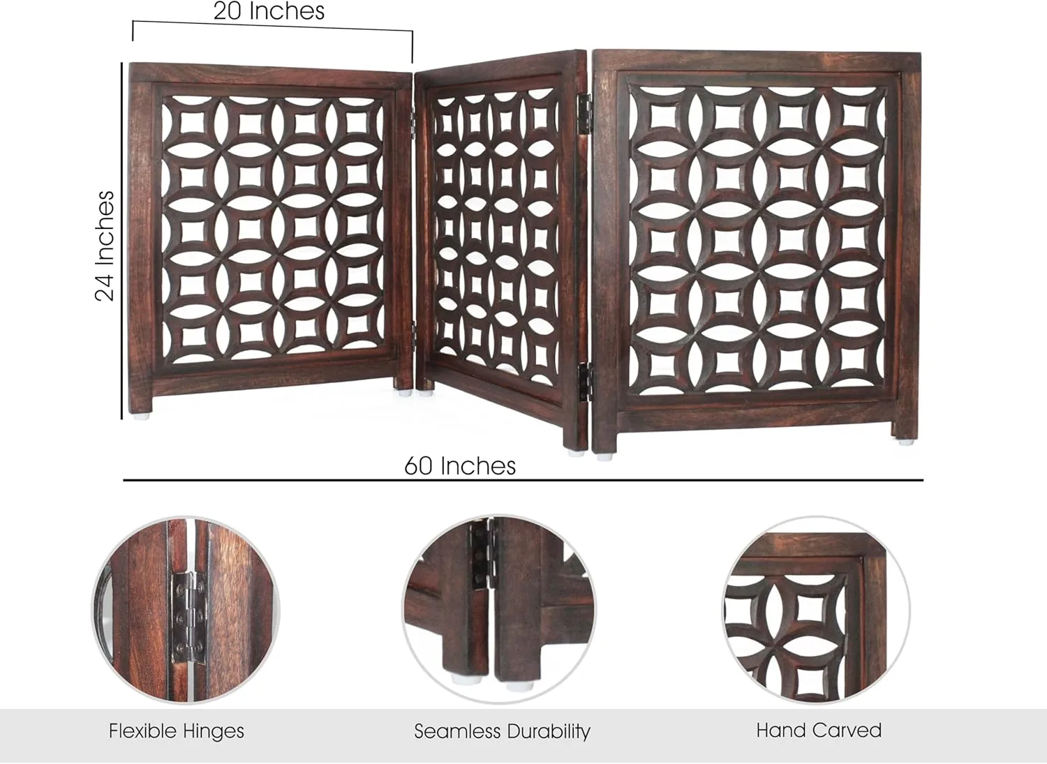 Wooden Foldable Pet Dog Safety Gate -3 Panels 20"Wx24"H- Hand Carved Solid Wood And MDF - Free Standing Portable Indoor Doorway Hall Stairs Dog Puppy Fence - Fully Assembled - Antique Brown -IRONGATE