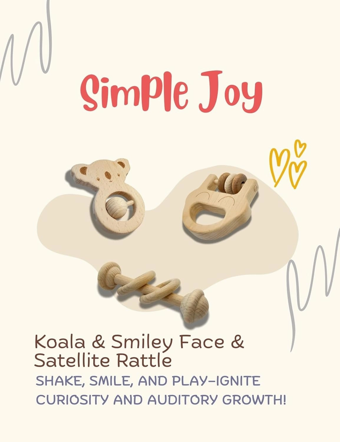 Wooden Baby Toy Set – Baby Car, Smiley Face Rattle & Small Drum | Organic, Montessori-Inspired Wooden Toys, Ideal Kids' Gift