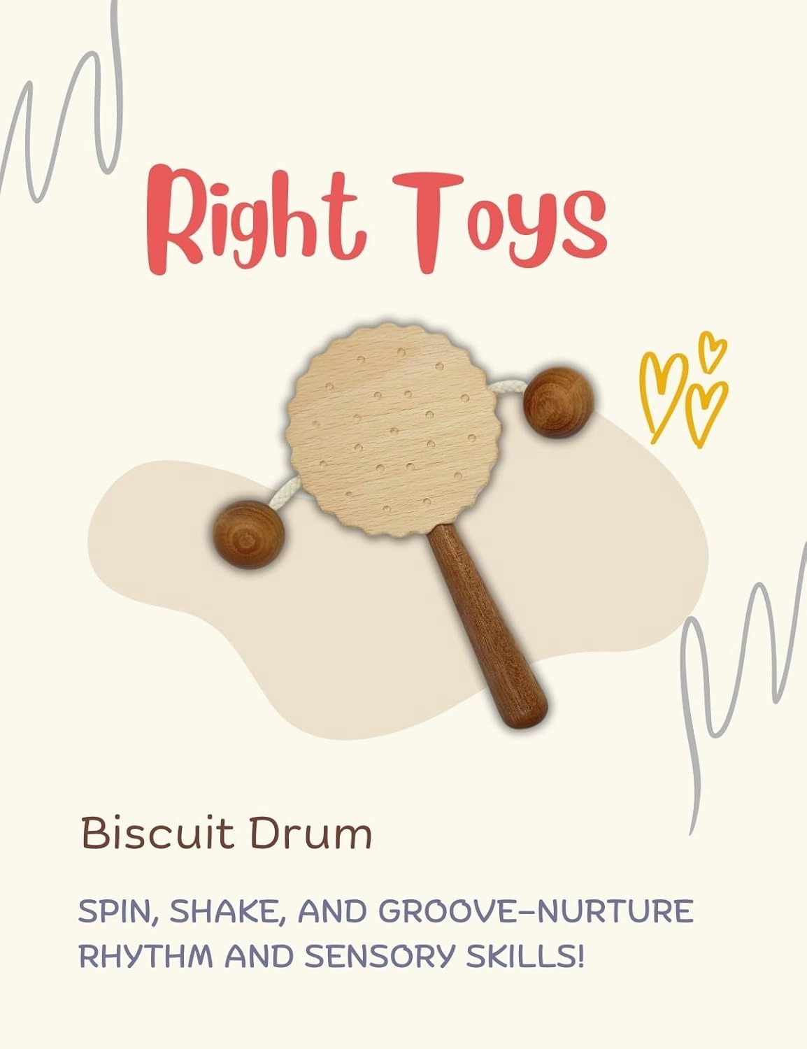 Wooden Baby Toy Set – Baby Car, Smiley Face Rattle & Small Drum | Organic, Montessori-Inspired Wooden Toys, Ideal Kids' Gift