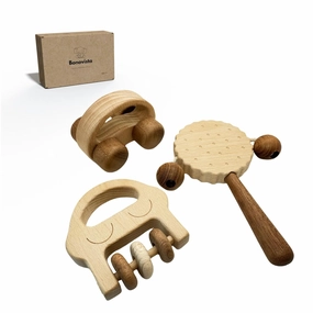 Wooden Baby Toy Set – Baby Car, Smiley Face Rattle & Small Drum | Organic, Montessori-Inspired Wooden Toys, Ideal Kids' Gift