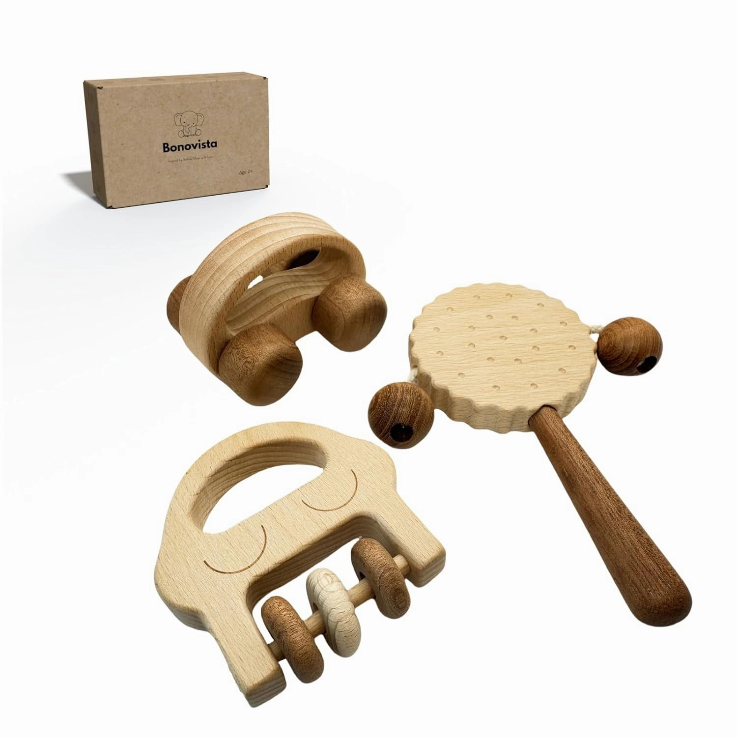 Wooden Baby Toy Set – Baby Car, Smiley Face Rattle & Small Drum | Organic, Montessori-Inspired Wooden Toys, Ideal Kids' Gift