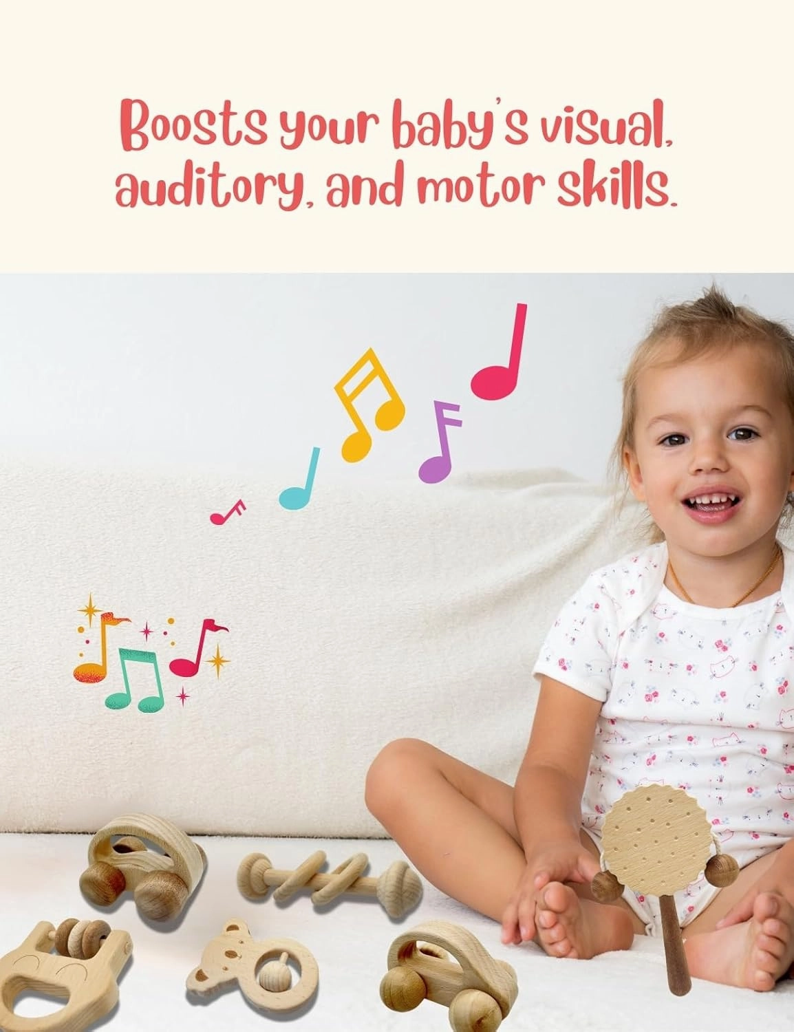 Wooden Baby Toy Set – Baby Car, Smiley Face Rattle & Small Drum | Organic, Montessori-Inspired Wooden Toys, Ideal Kids' Gift