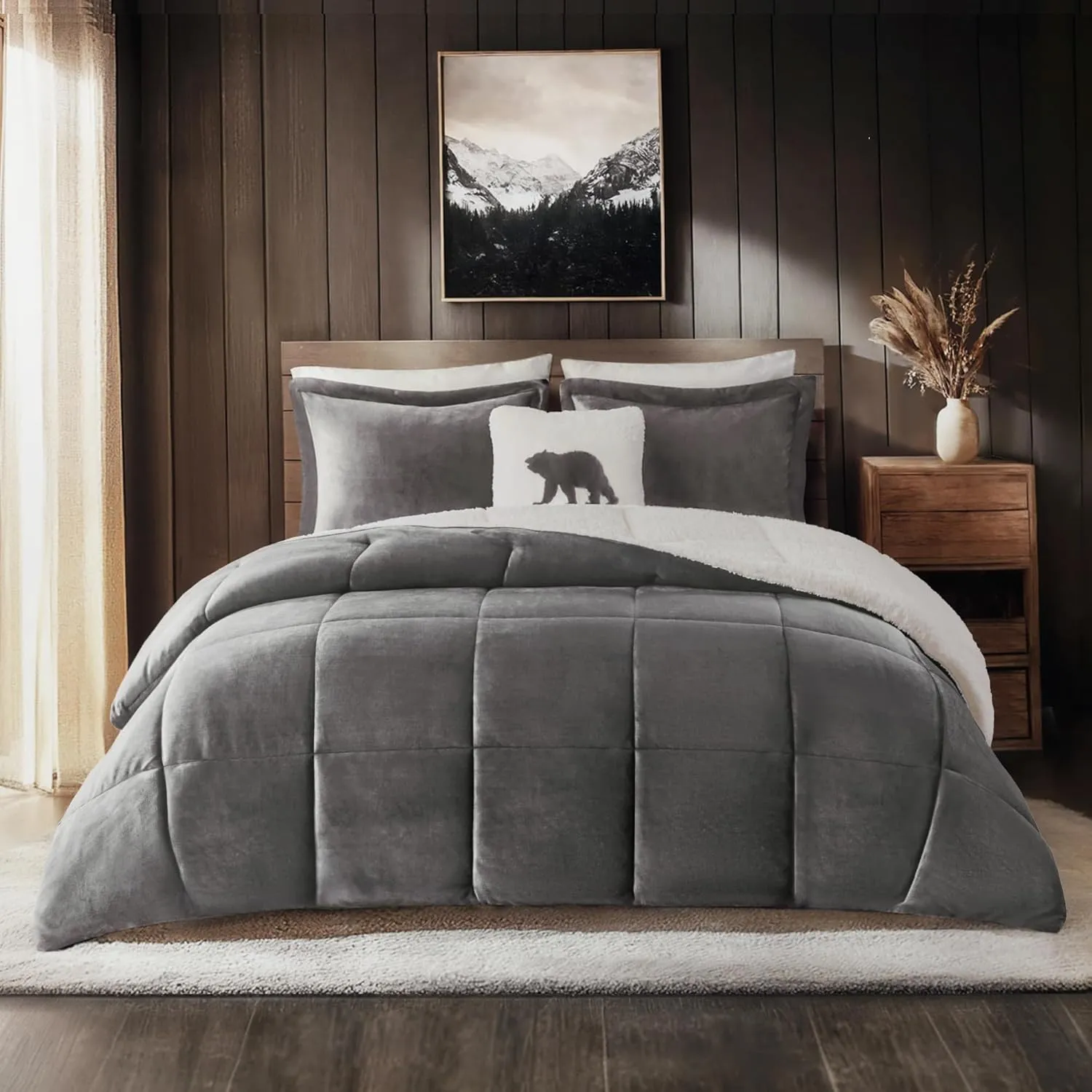 Woolrich Reversible Comforter Set Ultra Soft Plush to Sherpa, Down Alternative, Cold Weather Winter Warm Bedding, with Matching Sham, Decorative Pillow Charcoal/Ivory King 4 Piece