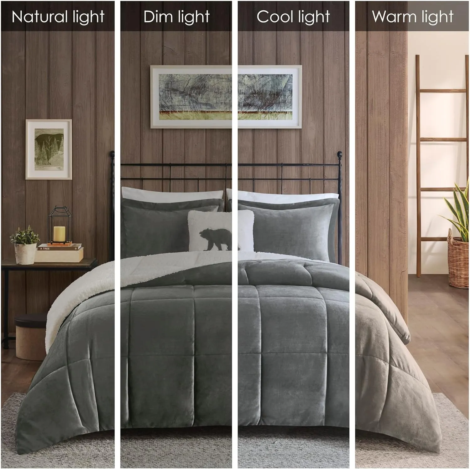 Woolrich Reversible Comforter Set Ultra Soft Plush to Sherpa, Down Alternative, Cold Weather Winter Warm Bedding, with Matching Sham, Decorative Pillow Charcoal/Ivory King 4 Piece
