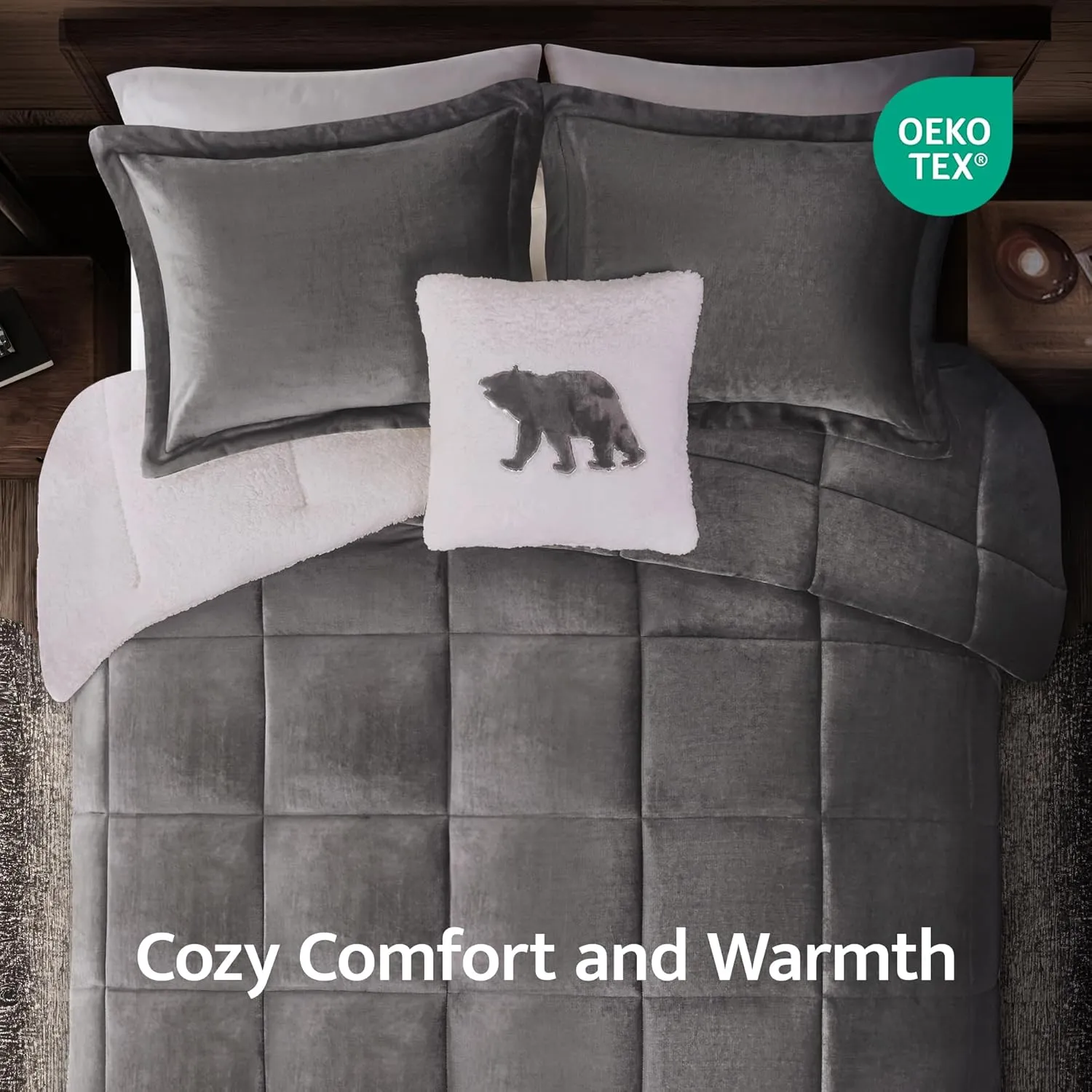 Woolrich Reversible Comforter Set Ultra Soft Plush to Sherpa, Down Alternative, Cold Weather Winter Warm Bedding, with Matching Sham, Decorative Pillow Charcoal/Ivory King 4 Piece