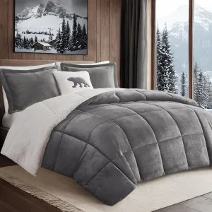 Woolrich Reversible Comforter Set Ultra Soft Plush to Sherpa, Down Alternative, Cold Weather Winter Warm Bedding, with Matching Sham, Decorative Pillow Charcoal/Ivory King 4 Piece