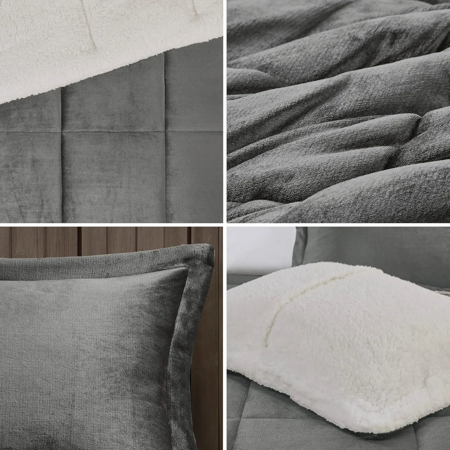 Woolrich Reversible Comforter Set Ultra Soft Plush to Sherpa, Down Alternative, Cold Weather Winter Warm Bedding, with Matching Sham, Decorative Pillow Charcoal/Ivory King 4 Piece