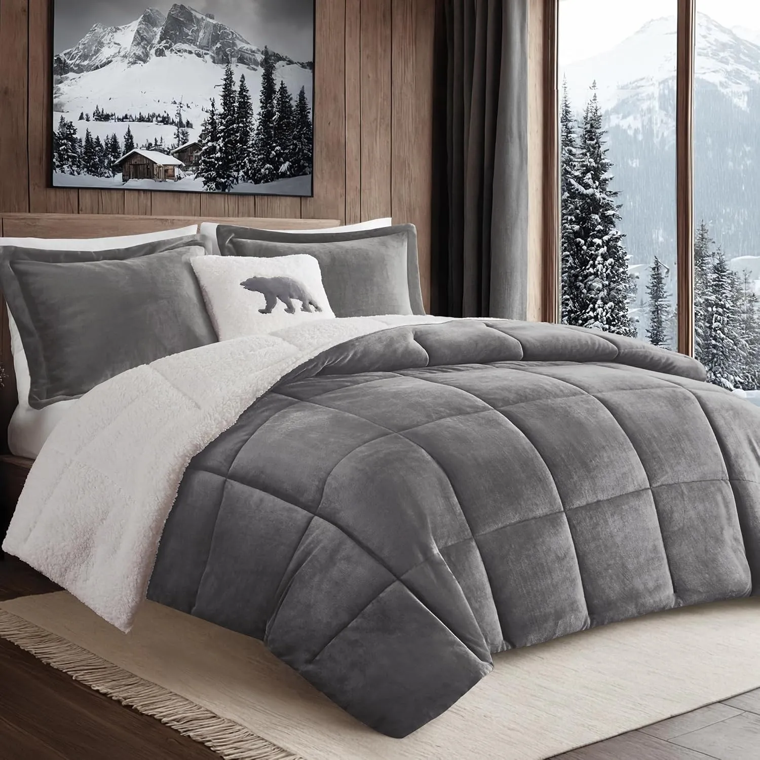 Woolrich Reversible Comforter Set Ultra Soft Plush to Sherpa, Down Alternative, Cold Weather Winter Warm Bedding, with Matching Sham, Decorative Pillow Charcoal/Ivory King 4 Piece