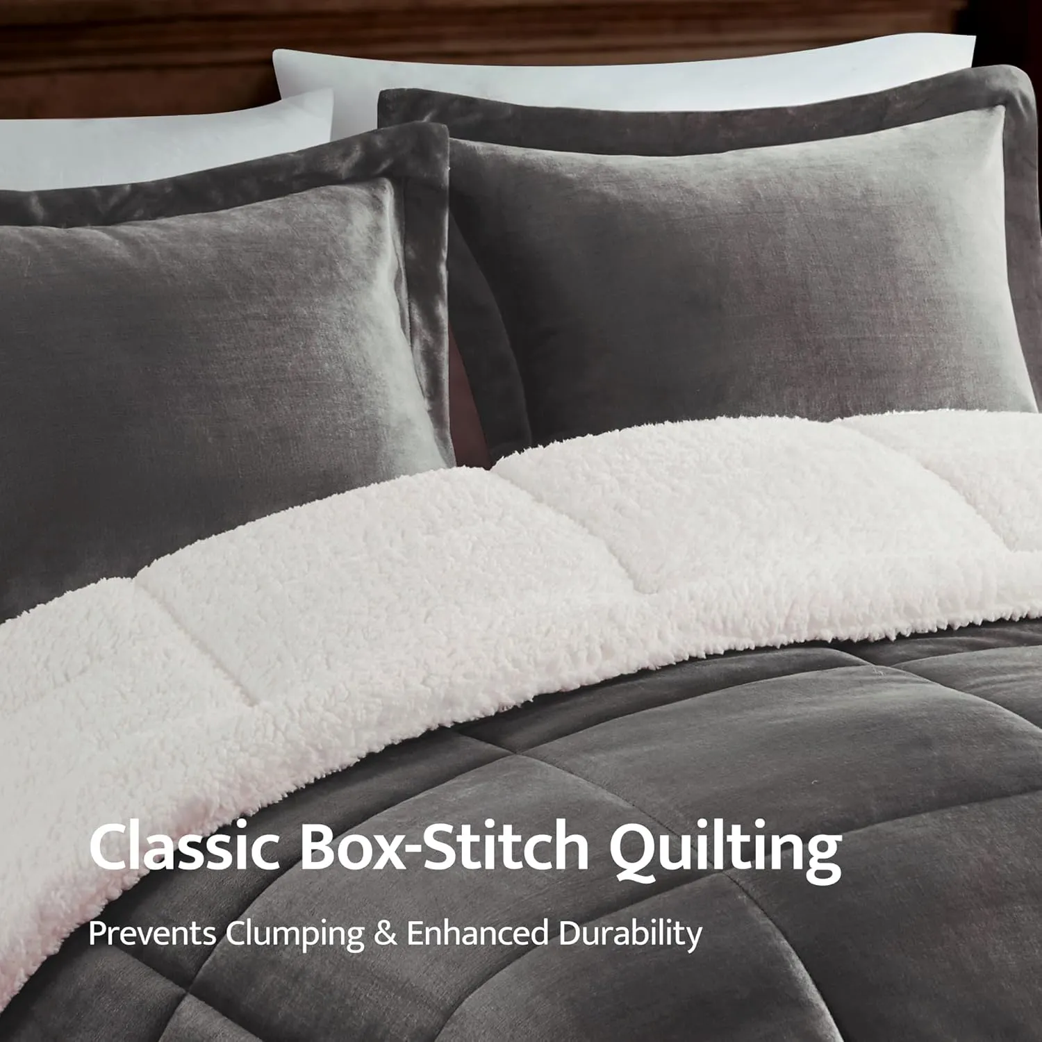 Woolrich Reversible Comforter Set Ultra Soft Plush to Sherpa, Down Alternative, Cold Weather Winter Warm Bedding, with Matching Sham, Decorative Pillow Charcoal/Ivory King 4 Piece