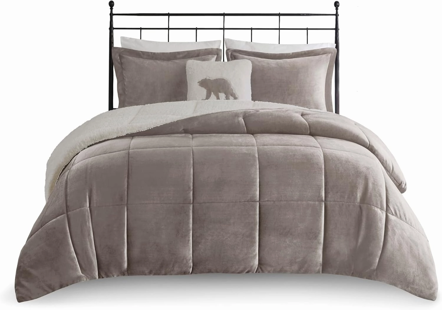 Woolrich Reversible Comforter Set Ultra Soft Plush to Sherpa, Down Alternative, Cold Weather Winter Warm Bedding, with Matching Sham, Decorative Pillow Grey/Ivory Full/Queen 4 Piece
