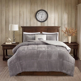 Woolrich Reversible Comforter Set Ultra Soft Plush to Sherpa, Down Alternative, Cold Weather Winter Warm Bedding, with Matching Sham, Decorative Pillow Grey/Ivory Full/Queen 4 Piece