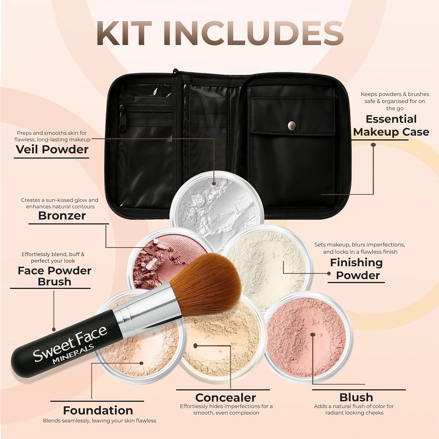 XXL KIT BRUSH & CASE (PINK BISQUE) Full Size Mineral Makeup Set Bare Face Matte Powder Foundation Cover