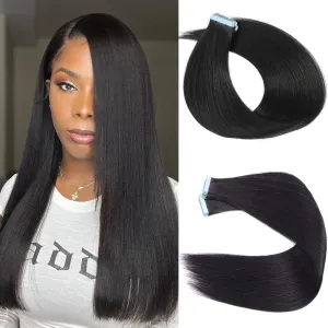 Yaki Tape in Hair Extensions Human Hair 40 Pcs Light Yaki Straight Tape in Extensions for Black Women Urbeauty Seamless Invisible Tape Hair Extensions Real Human Hair Natural Black Color 22 Inch