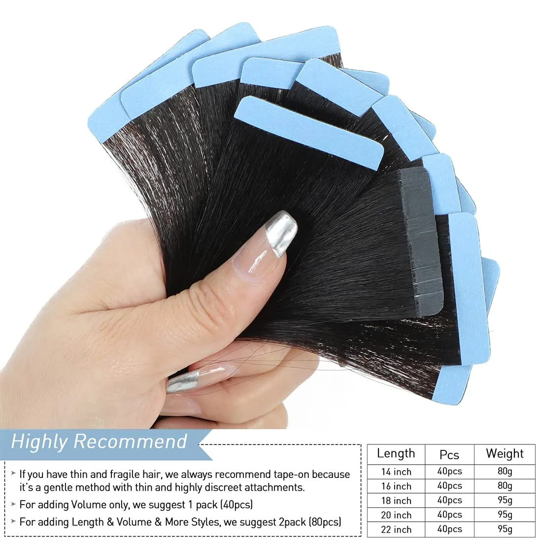 Yaki Tape in Hair Extensions Human Hair 40 Pcs Light Yaki Straight Tape in Extensions for Black Women Urbeauty Seamless Invisible Tape Hair Extensions Real Human Hair Natural Black Color 22 Inch