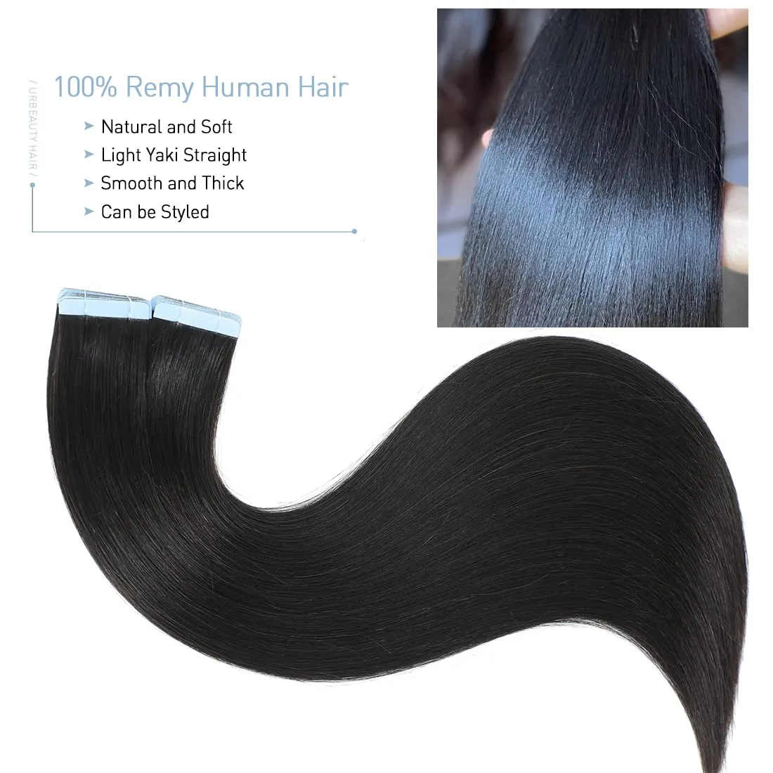 Yaki Tape in Hair Extensions Human Hair 40 Pcs Light Yaki Straight Tape in Extensions for Black Women Urbeauty Seamless Invisible Tape Hair Extensions Real Human Hair Natural Black Color 22 Inch