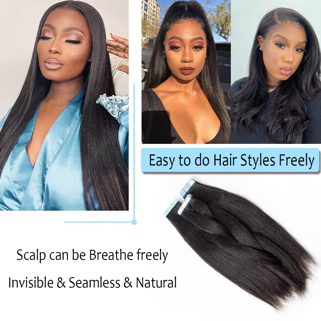 Yaki Tape in Hair Extensions Human Hair 40 Pcs Light Yaki Straight Tape in Extensions for Black Women Urbeauty Seamless Invisible Tape Hair Extensions Real Human Hair Natural Black Color 22 Inch
